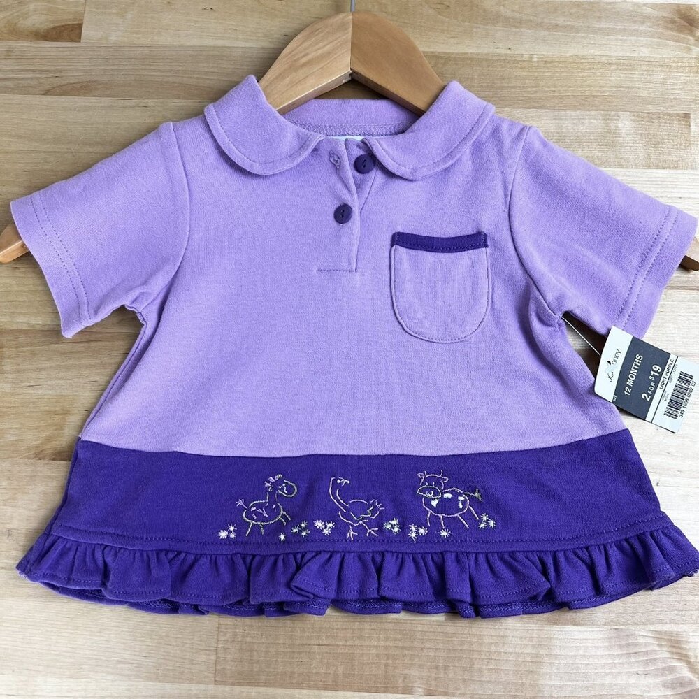 Vintage Okie Dokie Toddler Baby Purple Embroidered Ruffle Top Dress Size 12M NEW